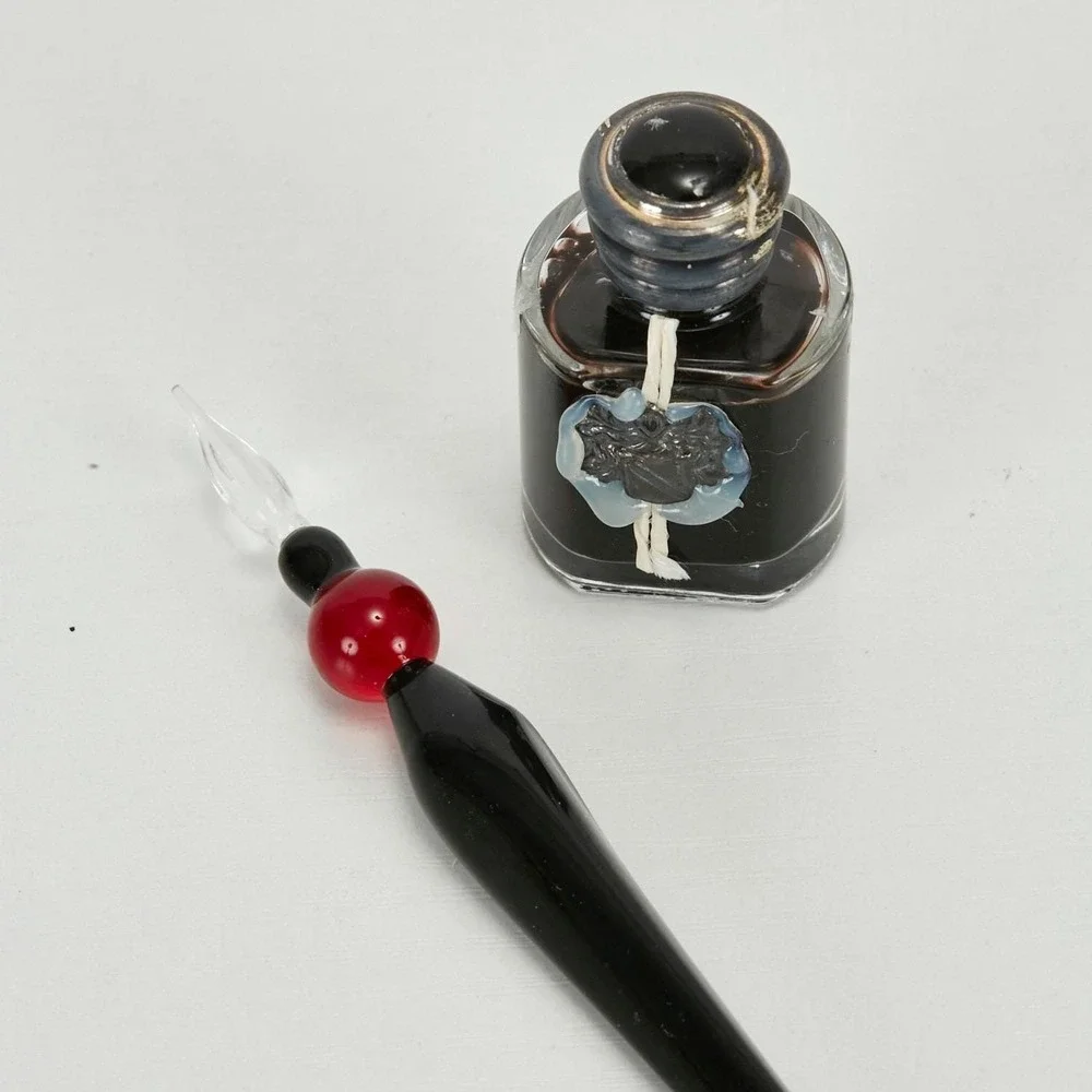 Murano Glass Dip‎ Pen Writing Set Handmade Italy Black Red Ink Boxed Gift Set